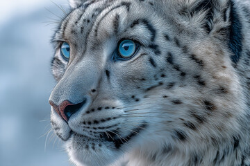 Fototapeta premium Close-up of snow leopard's face, showcasing its thick fur, blue eyes, and spotted pattern. Represents wildlife, nature, and animal beauty