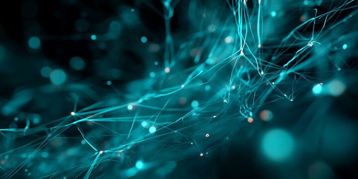 Abstract teal network lines and bokeh lights, creating a dynamic and interconnected visual, representative of technology, connectivity, and digital concepts