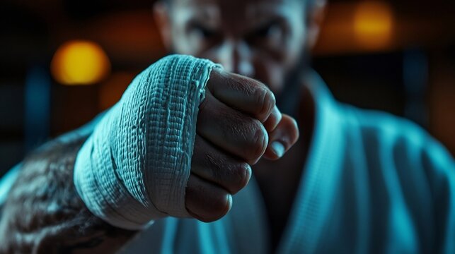 Focused martial artist's fist wrapped in bandages. - Powered by Adobe