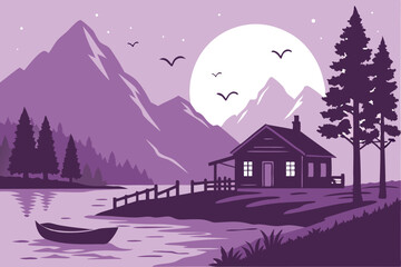 58 Purple mountain landscape, lakeside cabins, full moon, pine forest, reflective water, calm evening scene, wooden dock, small boat, silhouette of birds, ethereal light, gradient sky, cozy atmosphere
