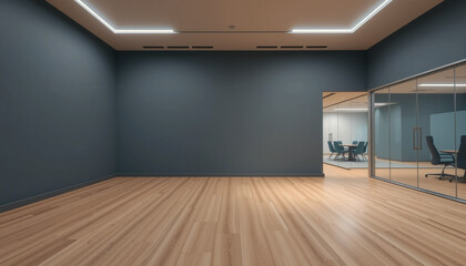 Modern black wall mockup in an office with wooden flooring, illuminated by ceiling lights at night, and a glass wall on the right revealing a meeting room
