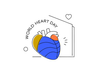 Stylish black and white World Heart Day heart design, A stylized, graphic heart design in black ink on white background.