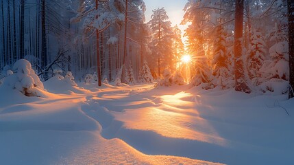 **Snow-Covered Pine Forest Glowing Under Golden Morning Sun, Soft Powder And Crisp Shadows --Ar 16:9 --S 962 --V 6.0 --Style Raw** - @Darya (Relaxed)