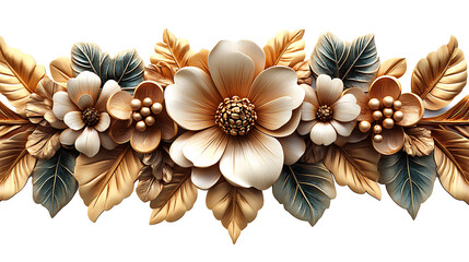 Elegant floral arrangement with golden leaves isolated on white background luxury decorative element