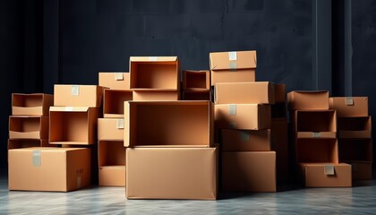 Fototapeta premium High stack of open cardboard boxes, ample empty space, storage, empty boxes