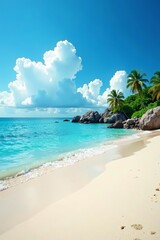 Fototapeta premium Idyllic beach scene with clear blue sky, white clouds, and calm ocean water, nature, sunshine