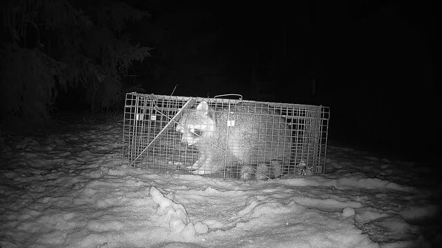 A night vision camera films a somewhat anxious raccoon trying every possible position and action to desperately escape from a non-lethal trap it has set.