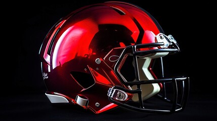 Fototapeta premium A gleaming crimson football helmet, a symbol of fierce competition and unwavering dedication, ready for the game's electrifying energy against a stark black backdrop.