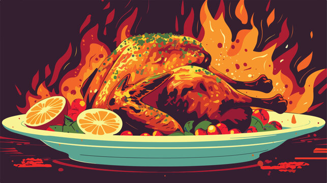 Colorful Silhouette of Dish with Hot Chicken Roast Vector Illustration