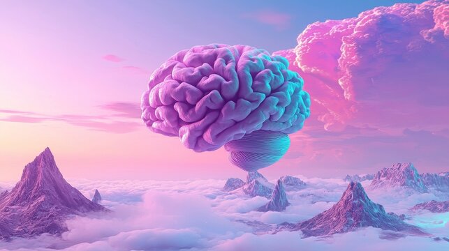A brain floats in a dreamlike pastel-hued mountainous scenery during sunset
