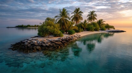 Tropical island with palms at dusk with clouds, sand, and ocean reflections