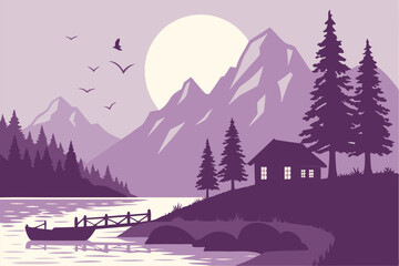 58 Purple mountain landscape, lakeside cabins, full moon, pine forest, reflective water, calm evening scene, wooden dock, small boat, silhouette of birds, ethereal light, gradient sky, cozy atmosphere