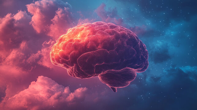 Glowing brain with swirling patterns symbolizes machine intelligence data processing and artificial brainpower merging human thought with advanced algorithms in a digital future concept

