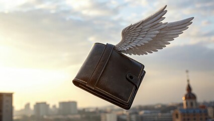 A flying wallet with wings against a city skyline at sunset.