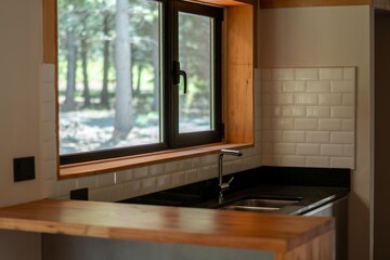 Kitchen in a modern house, interior photography in a mountain house