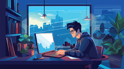 Asian Programmer Working on Computer in Office Vector Illustration