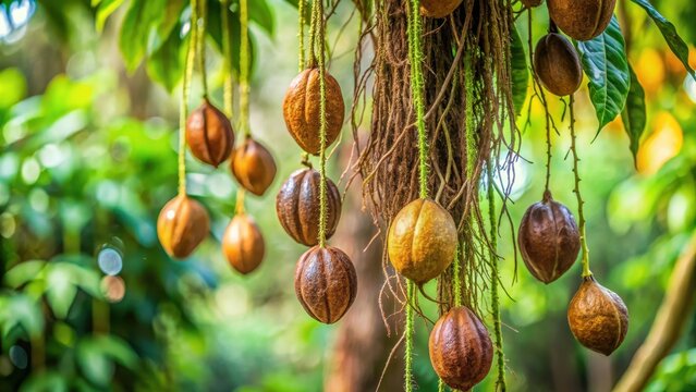 Shea nut pods hanging from Vitellaria paradoxa tree branches with lush green leaves and aerial roots in a natural forest setting, leaves, african trees