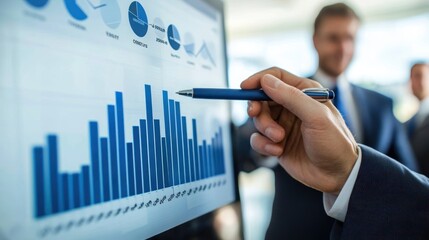 A consultant in a tailored suit presenting a feasibility study to a team of business executives.