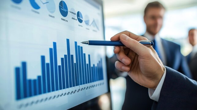 A consultant in a tailored suit presenting a feasibility study to a team of business executives.