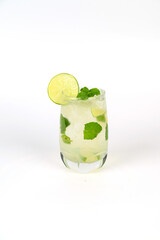 Mojito cocktail with lime and mint served in a glass on a white background