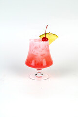 A fresh strawberry fruit cocktail in a glass with ice and mint isolated on white background.