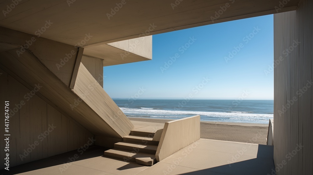 Aufkleber modernist concrete structure with geometric shadows overlooking a calm ocean under clear blue sky