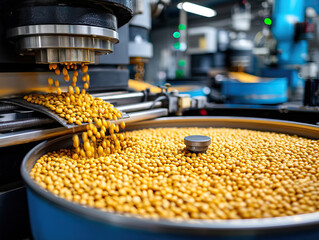 Soybeans being processed in modern facility for oil extraction, showcasing machinery and vibrant yellow beans