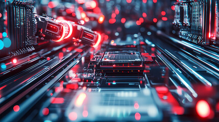 A futuristic view of a digital circuit with glowing red and blue elements, showcasing advanced technology in a vibrant, high-tech environment.