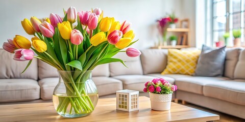 A Bouquet of Pink and Yellow Tulips in a Vase on a Coffee Table in a Living Room with a Calendar that Says Mother's Day Background, colorful flowers, spring decor