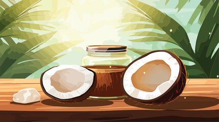 Professional Composition of Coconut Oil on Table Vector Illustration