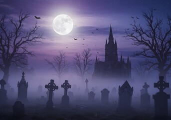 Fototapeta premium Spooky Graveyard at Night with Gothic Church and Full Moon