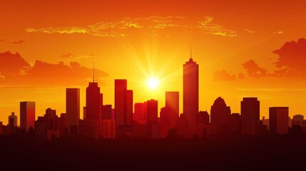Naklejka premium A sunset skyline with the sun setting behind skyscrapers, casting long shadows and dramatic lighting over the city.