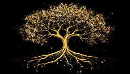 Gold tree of life with intricate roots and branches, handdrawn style, black background for contrast, spiritual and artistic expression, radiant golden tones