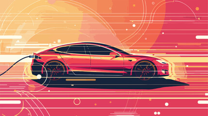 Modern Electric Car Design Over Abstract Linear Background Vector Illustration