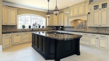 A luxurious cream and dark-stained kitchen featuring a large island.