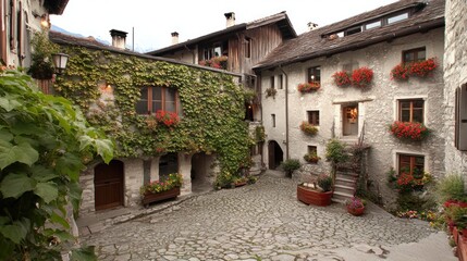 Fototapeta premium Picturesque alpine courtyard with flower-filled balconies.