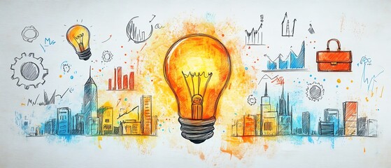 Handdrawn light bulb in center of businessthemed doodles on white background, gears, briefcases, buildings, and charts surrounding it, creative entrepreneurship idea