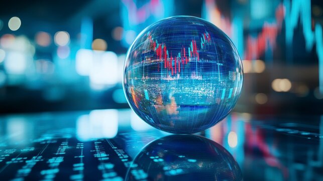 Crystal ball reflecting stock market graph data, showing market trends and financial analysis.