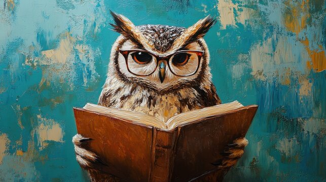 Wise Owl Reading Book with Glasses on Colorful Background, Symbolizing Knowledge and Wisdom in Nature