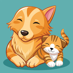A sleepy orange tabby kitten snuggles against the head of a golden retriever puppy, both with their eyes closed.