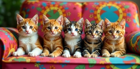 Group of playful cats perched on a colorful couch, cats, pets, felines