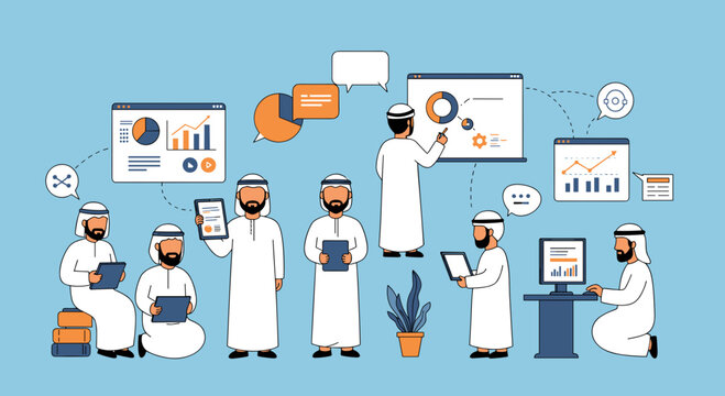 Arab Business Group Meeting Presentation in White Outfits with Charts and Graphs on Blue Background