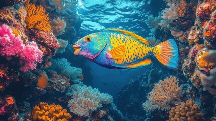 Obraz premium Colorful Fish Swimming in Vibrant Coral Reef Underwater Scene with Clear Blue Water