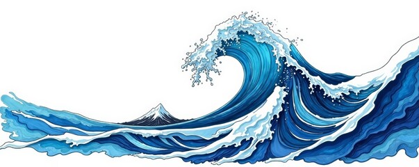 Hand-drawn waves in black ink on white backdrop, Nature, Sea