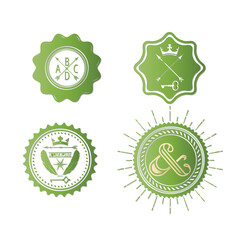 This image showcases a collection of four distinct vintage-style badges or emblems in a vibrant green color.