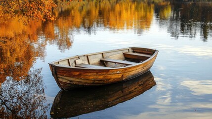 Obraz premium A small wooden boat floating on a calm lake with trees in full fall color surrounding it.