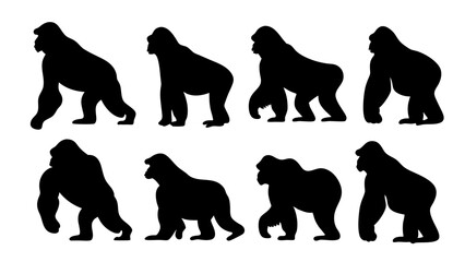 set of gorilla silhouette vector on white background