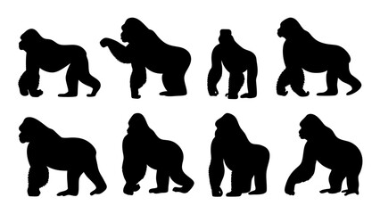 set of gorilla silhouette vector on white background