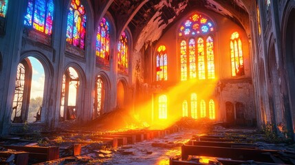 Obraz premium Eerie abandoned church interior with rich stained glass and fallen plaster