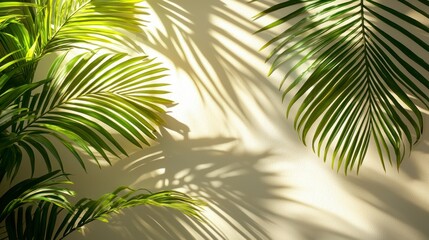 Tropical leaves cast shadows on beige wall, ideal for nature/interior design